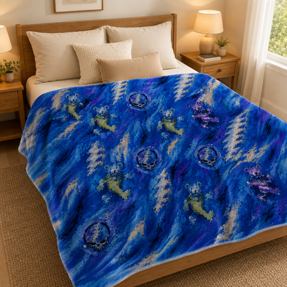 Grateful Dead Dancing Bears Sherpa Blanket, Lightning Bolt Fleece Throw, Psychedelic Jam Band Blanket, Cozy Music Lover Gift