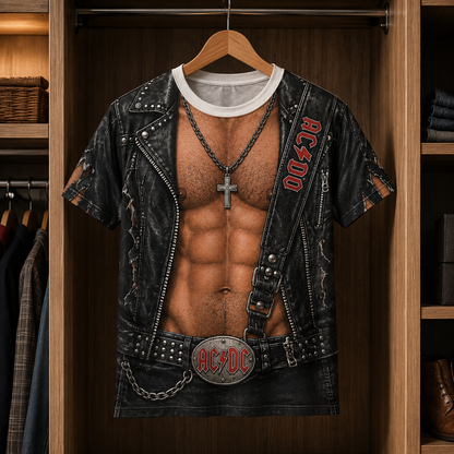 AC/DC Fake Muscle Rocker Costume Shirt, High Voltage Rock N Roll 3D All Over Print Tee, AC/DC Fan Gift