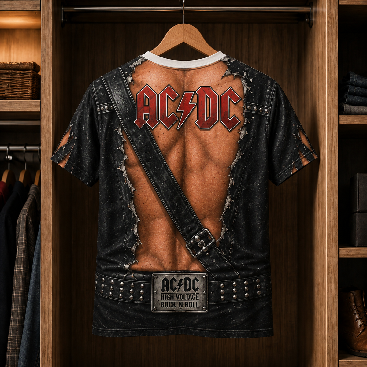 AC/DC Fake Muscle Rocker Costume Shirt, High Voltage Rock N Roll 3D All Over Print Tee, AC/DC Fan Gift