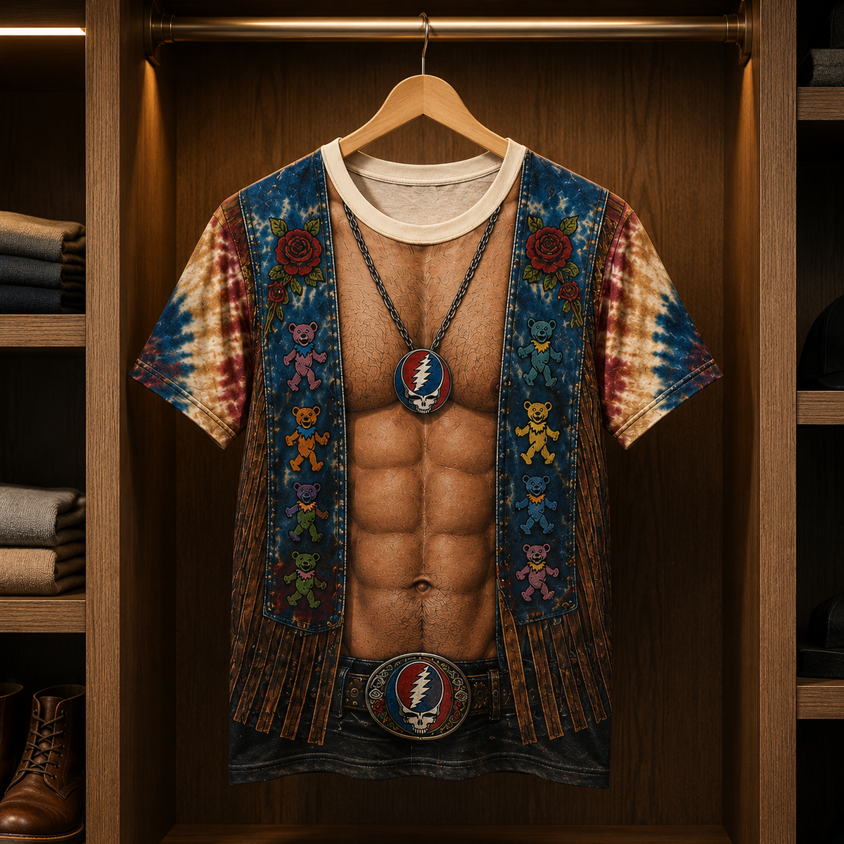 Grateful Dead 3D Fake Muscle Costume Shirt, Dancing Bears Steal Your Face Rock Vest Tee, Deadhead Fan Gift