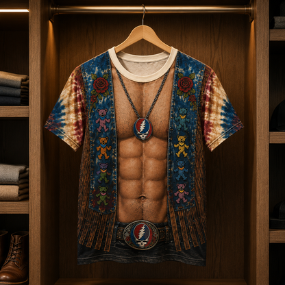 Grateful Dead 3D Fake Muscle Costume Shirt, Dancing Bears Steal Your Face Rock Vest Tee, Deadhead Fan Gift