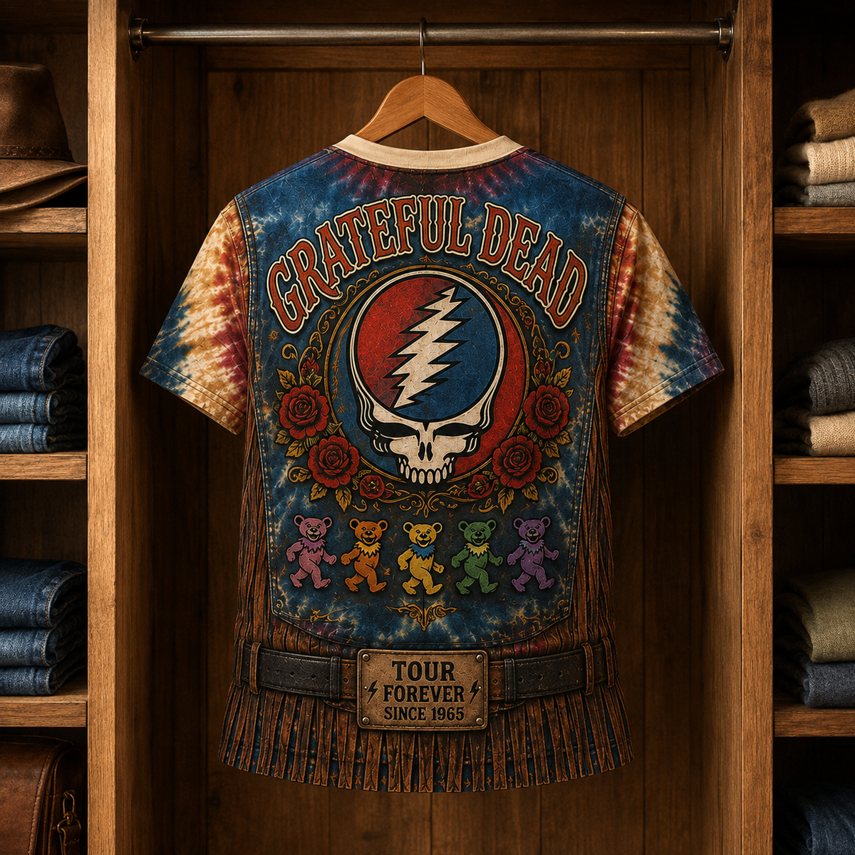 Grateful Dead 3D Fake Muscle Costume Shirt, Dancing Bears Steal Your Face Rock Vest Tee, Deadhead Fan Gift