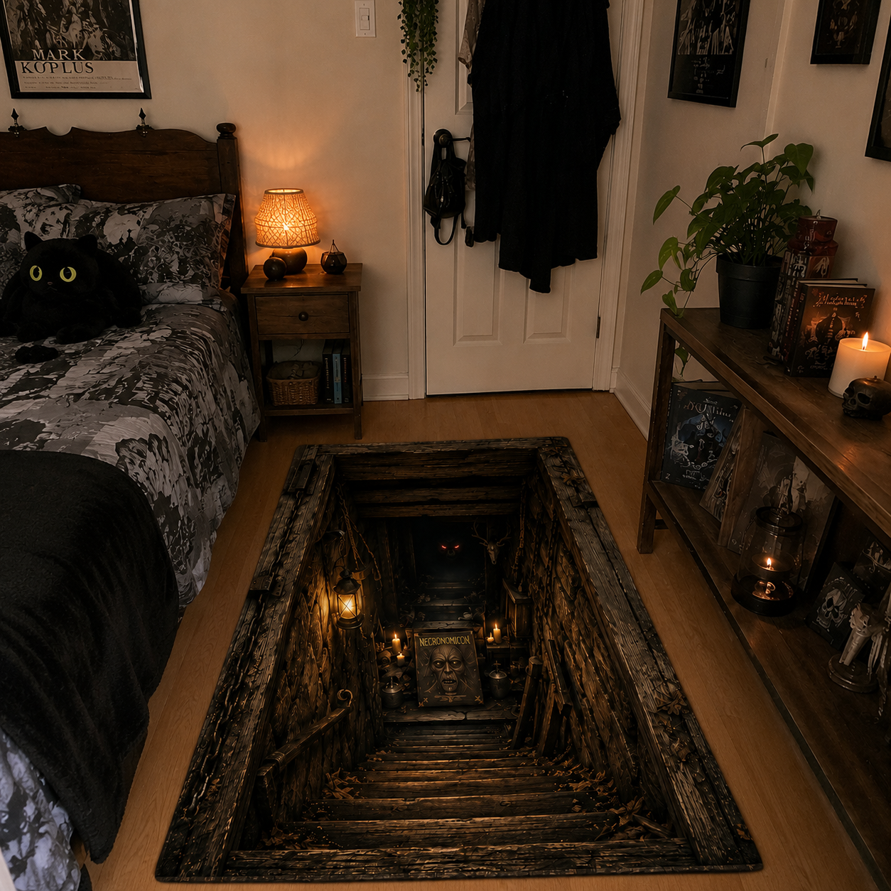 Evil Dead Necronomicon 3D Horror Rug, Cabin Cellar Halloween Area Rug, Gothic Horror Floor Mat, Necronomicon Basement Decor
