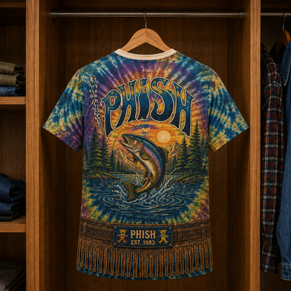 Phish 3D Fake Muscle Costume Shirt, Tie Dye Fishing Rock Vest Tee, Phish Band Concert Shirt, Jam Band Fan Gift