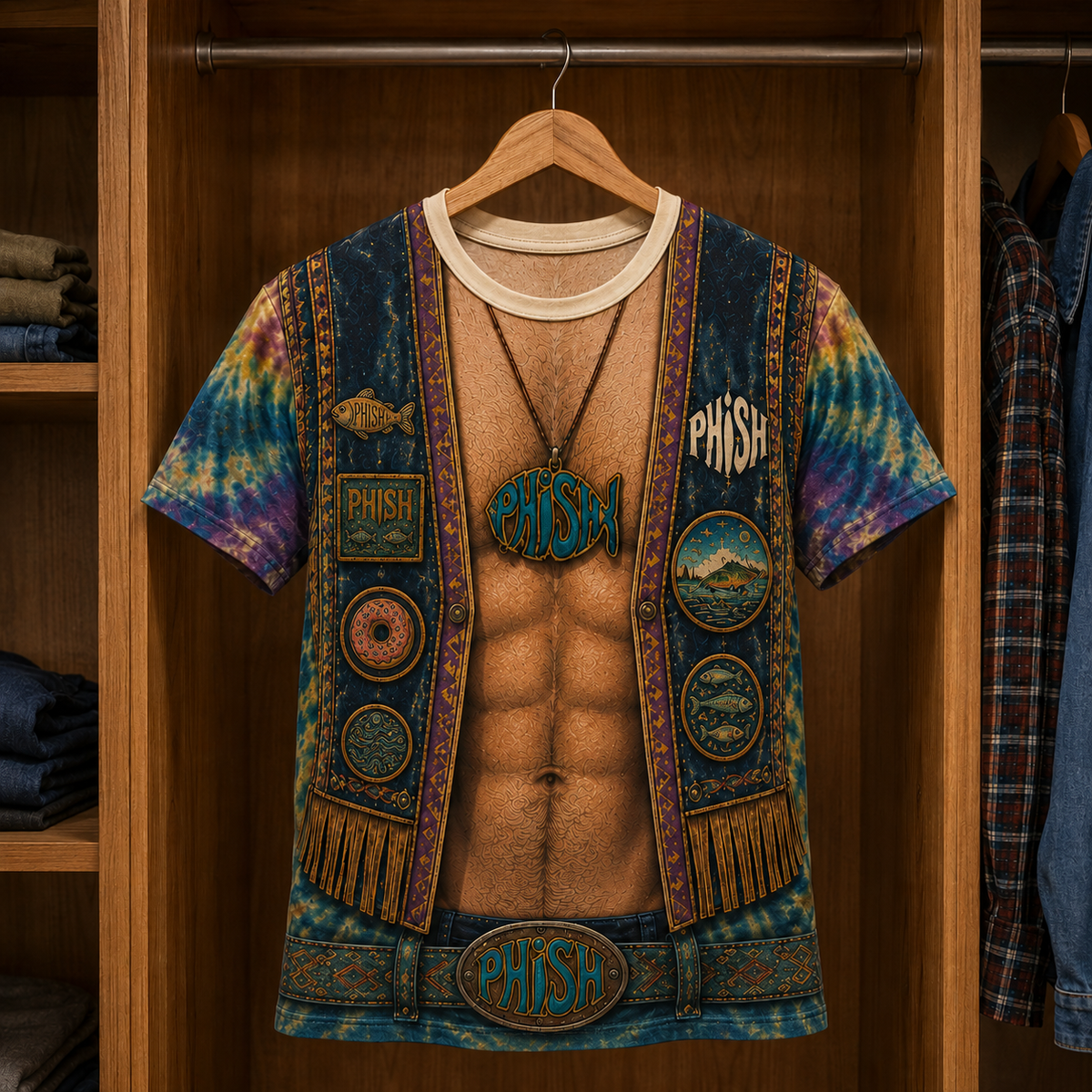 Phish 3D Fake Muscle Costume Shirt, Tie Dye Fishing Rock Vest Tee, Phish Band Concert Shirt, Jam Band Fan Gift