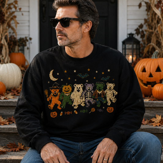 Halloween Grateful Dead Dancing Bears Sweatshirt, Vintage Spooky Bear Crewneck, Halloween Costume Bears Pullover, Fall Pumpkin Graphic Sweatshirt, Gift for Deadheads