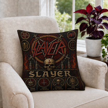 Slayer Stained Glass Throw Pillow, Heavy Metal Band Inspired Decorative Pillow, Gothic Skull Couch Cushion, Rock Music Home Decor Gift