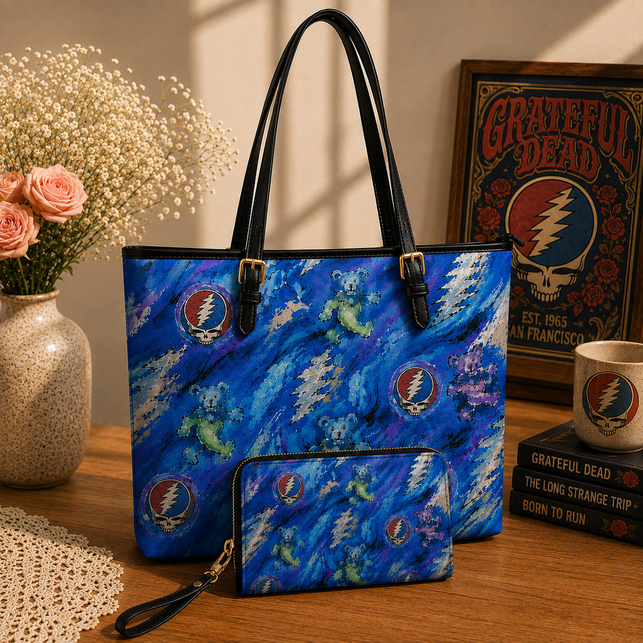 Grateful Dead Dancing Bears Handbag, Tote Bag and Wallet Set, Classic Rock Accessories, Music Lover Gift