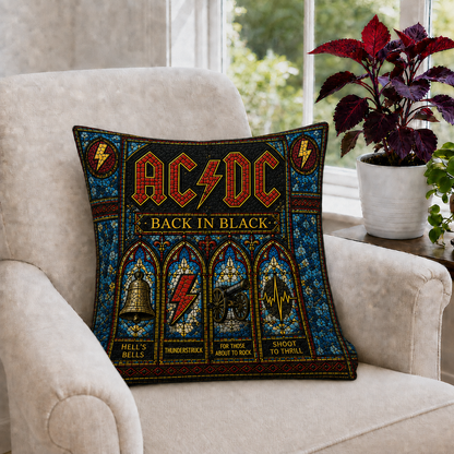 AC/DC Back In Black Stained Glass Throw Pillow, ACDC Rock Band Decorative Cushion, Classic Hard Rock Sofa Pillow, Music Lover Home Decor Gift