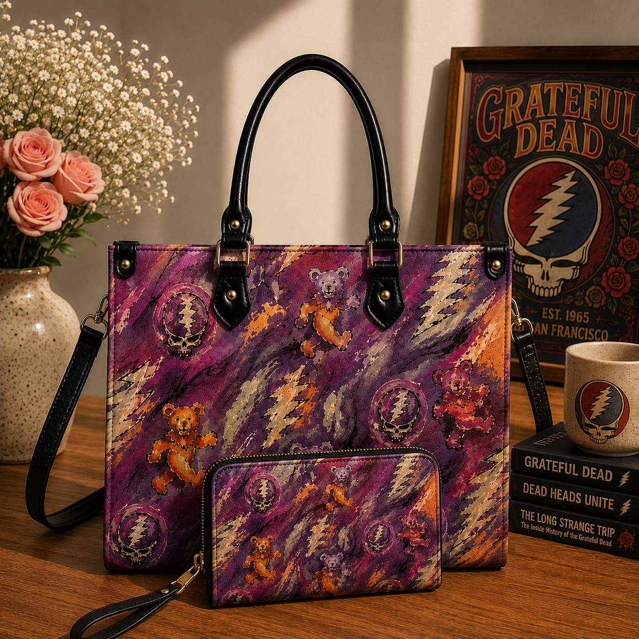 Grateful Dead Purple Dancing Bears Handbag, Tote Bag and Wallet Set, Classic Rock Accessories, Music Lover Gift