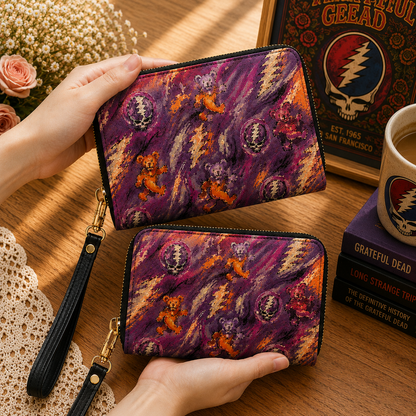 Grateful Dead Purple Dancing Bears Handbag, Tote Bag and Wallet Set, Classic Rock Accessories, Music Lover Gift