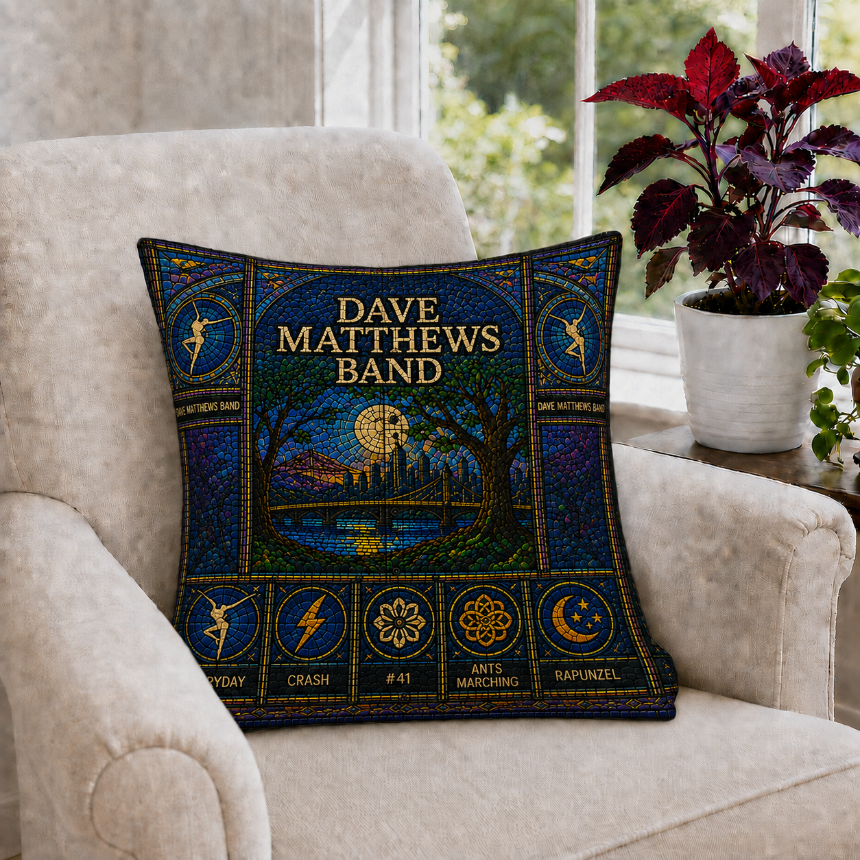 Dave Matthews Band Stained Glass Throw Pillow, DMB Decorative Cushion, Dave Matthews Band Fan Gift, Music Lover Sofa Pillow, Band Home Decor