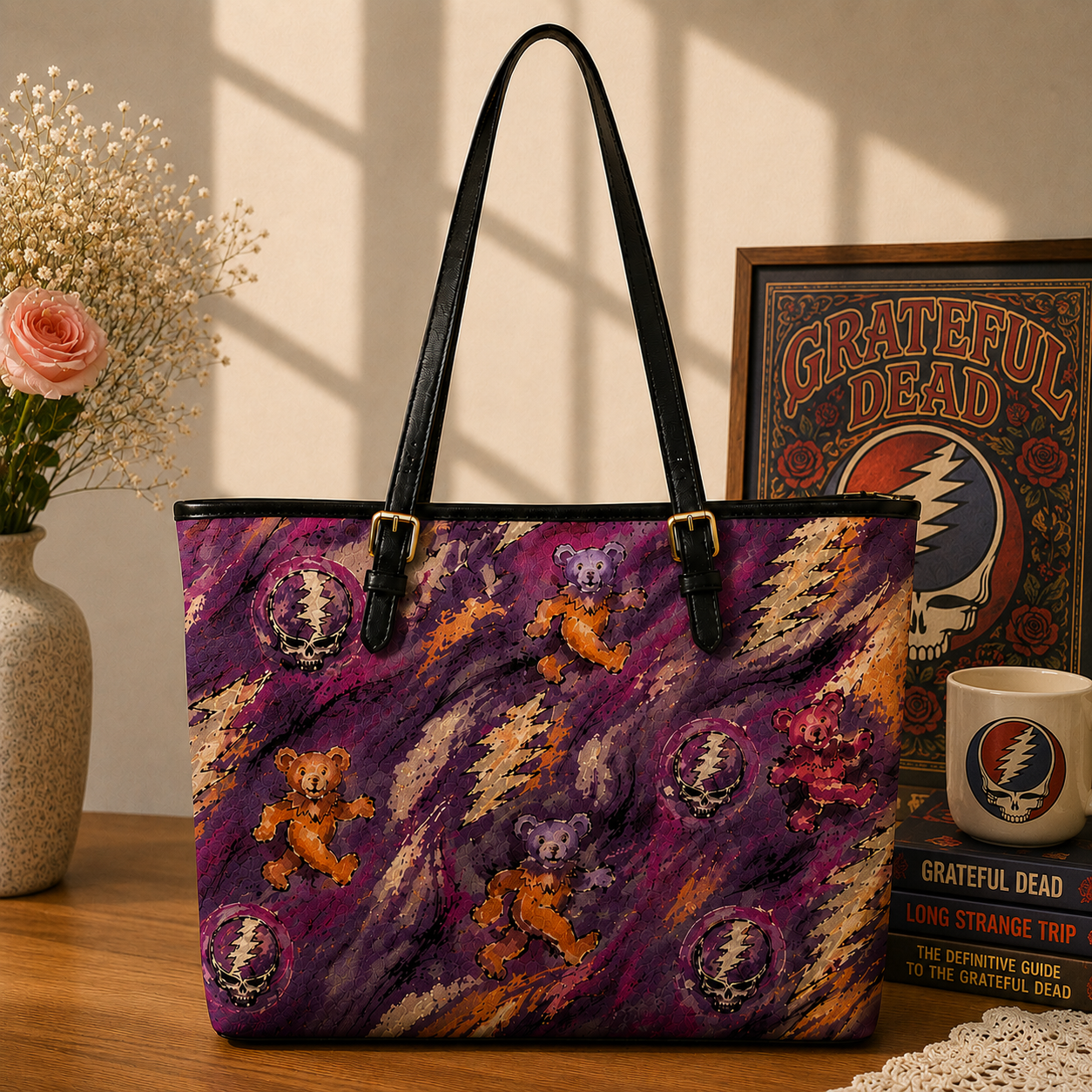 Grateful Dead Purple Dancing Bears Handbag, Tote Bag and Wallet Set, Classic Rock Accessories, Music Lover Gift