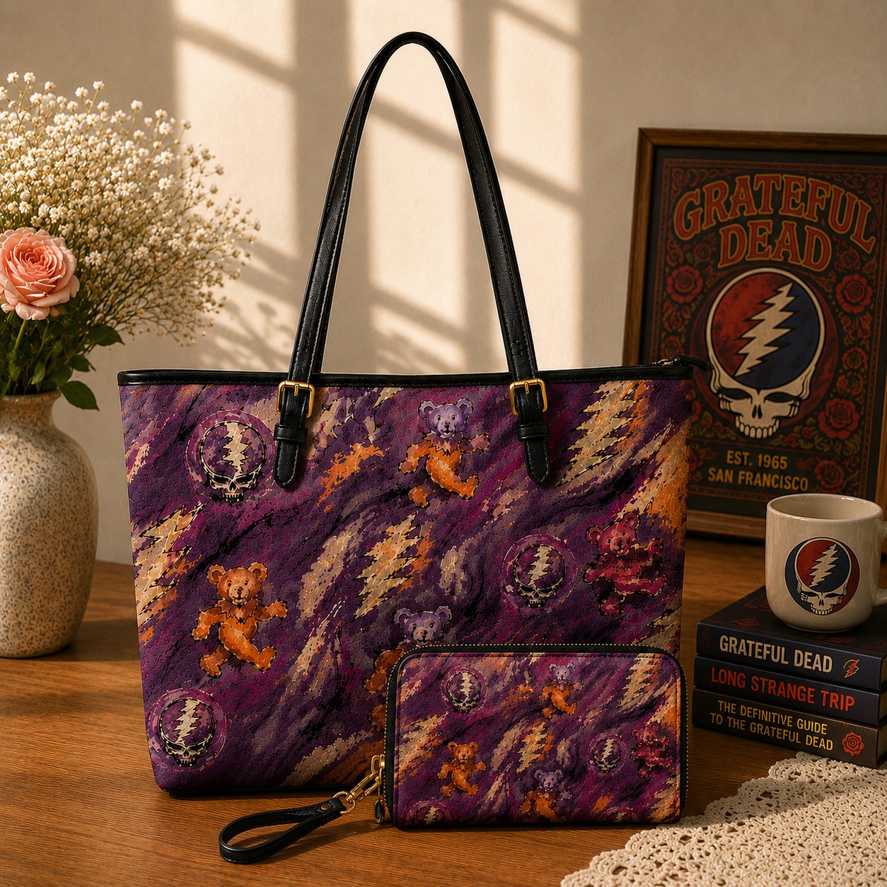 Grateful Dead Purple Dancing Bears Handbag, Tote Bag and Wallet Set, Classic Rock Accessories, Music Lover Gift