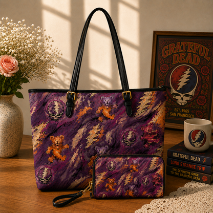 Grateful Dead Purple Dancing Bears Handbag, Tote Bag and Wallet Set, Classic Rock Accessories, Music Lover Gift