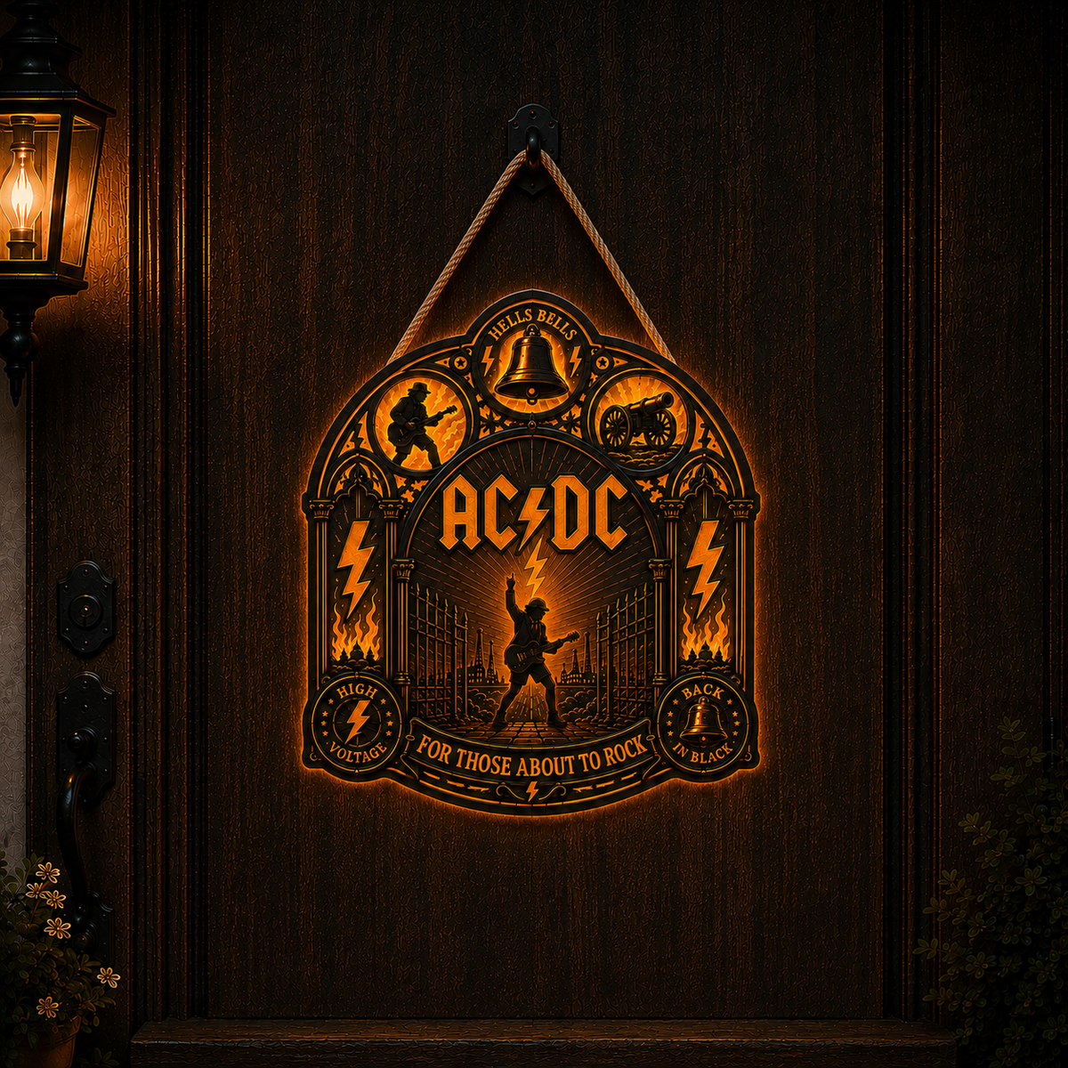 AC/DC Band Luminous Wooden Sign – Gothic LED Wall & Door Decor for Music Fans