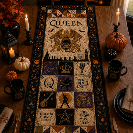 Queen Halloween Table Runner, Vintage Rock Band Quilted Table Runner, Bohemian Rhapsody Dining Table Decor, Freddie Mercury Fall Table Topper, Gift for Queen Fans