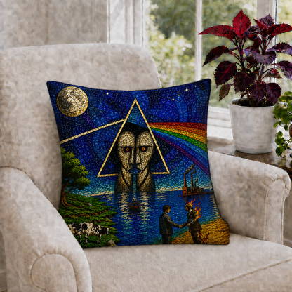 Pink Floyd Stained Glass Throw Pillow, Dark Side of the Moon Decorative Cushion, Progressive Rock Sofa Pillow, Music Lover Home Decor Gift