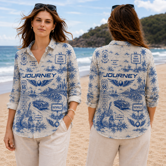 Journey Band Linen Shirt for Women - Vintage Graphic Button-Up Music Lover Casual Blouse