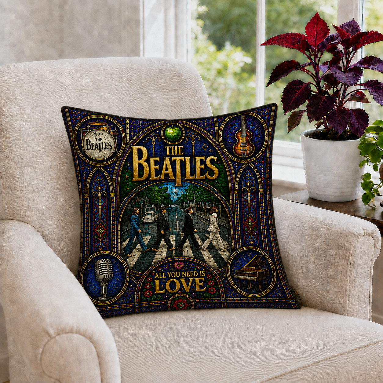 The Beatles Stained Glass Throw Pillow, Abbey Road Decorative Pillow, Classic Rock Music Couch Cushion, Beatles Fan Home Decor Gift