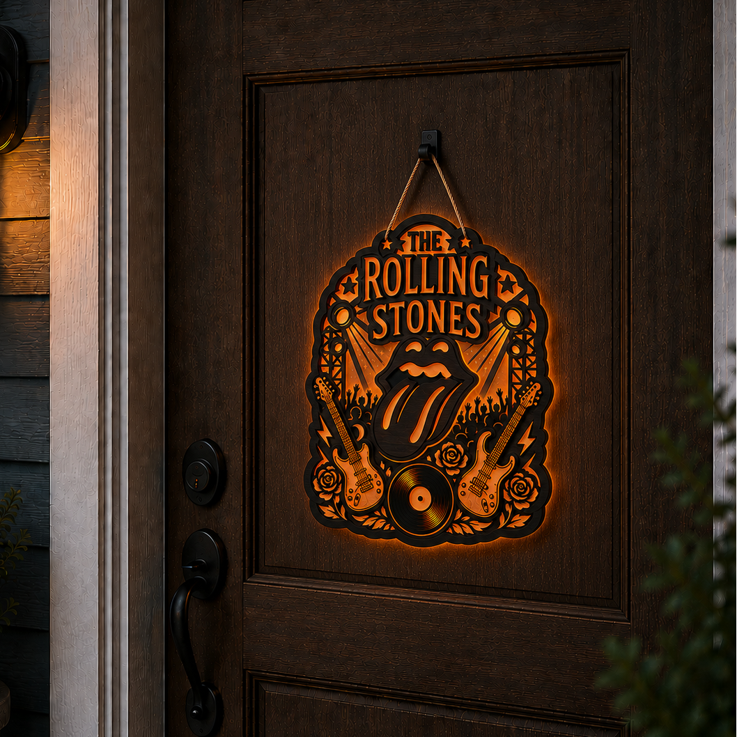 The Rolling Stones Luminous Wooden Sign – LED Wall & Door Decor for Music Lovers
