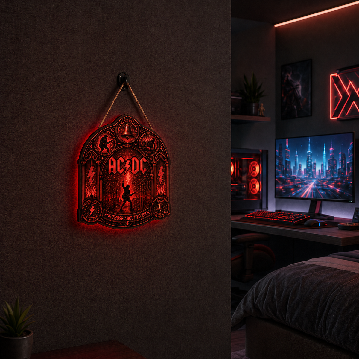 AC/DC Band Luminous Wooden Sign – Gothic LED Wall & Door Decor for Music Fans
