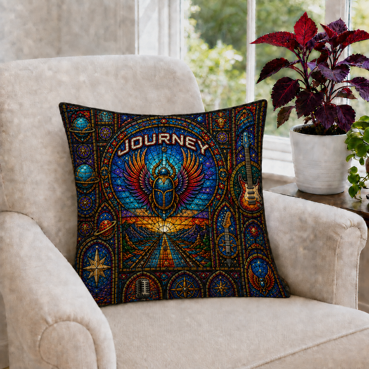 Journey Stained Glass Throw Pillow, Classic Rock Band Inspired Decorative Pillow, Scarab Mosaic Couch Cushion, Music Lover Home Decor Gift
