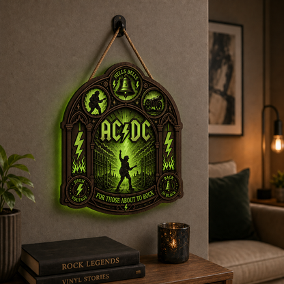 AC/DC Band Luminous Wooden Sign – Gothic LED Wall & Door Decor for Music Fans