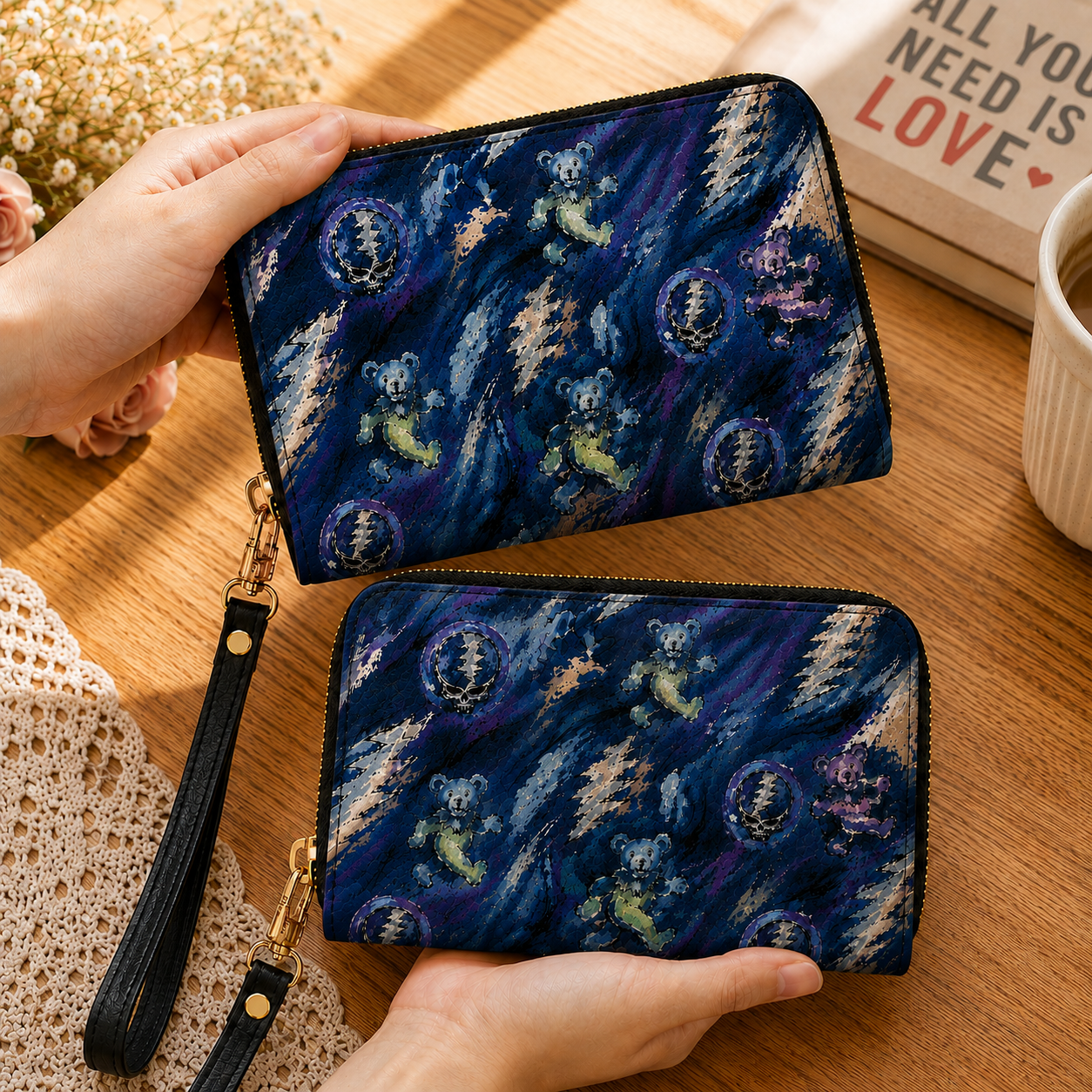 Grateful Dead Painterly Dancing Bears Handbag, Tote Bag and Wallet Set, Classic Rock Accessories, Music Lover Gift