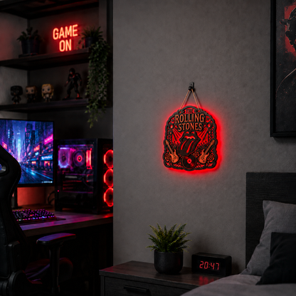 The Rolling Stones Luminous Wooden Sign – LED Wall & Door Decor for Music Lovers