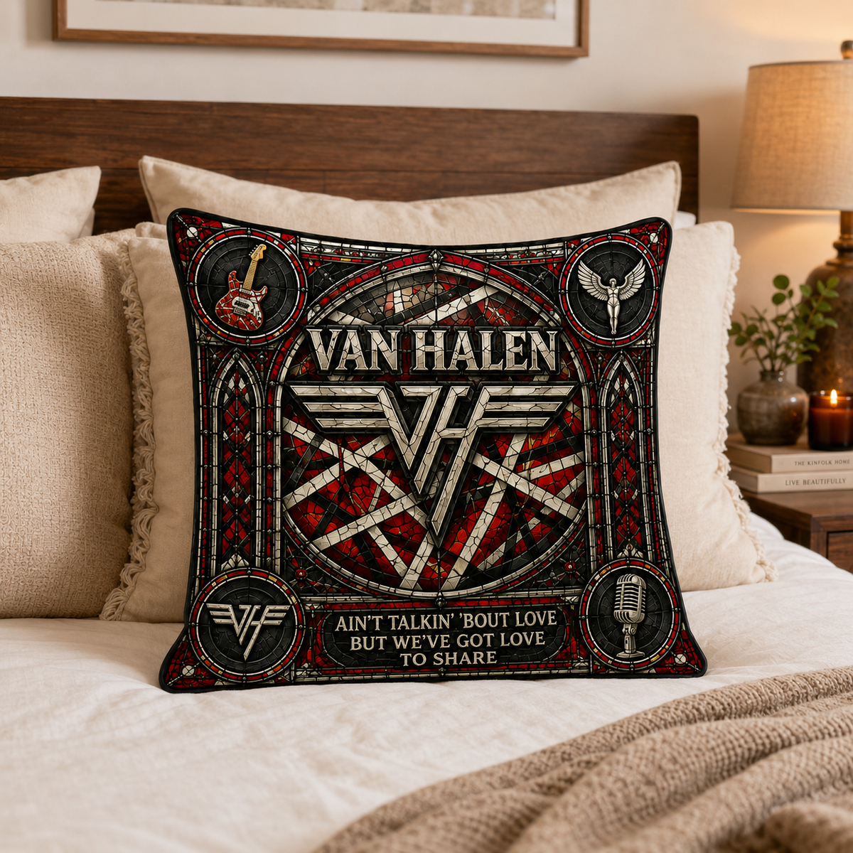 Van Halen Stained Glass Pillow, Classic Rock Band Throw Pillow, VH Logo Music Pillow, Rock Fan Gift