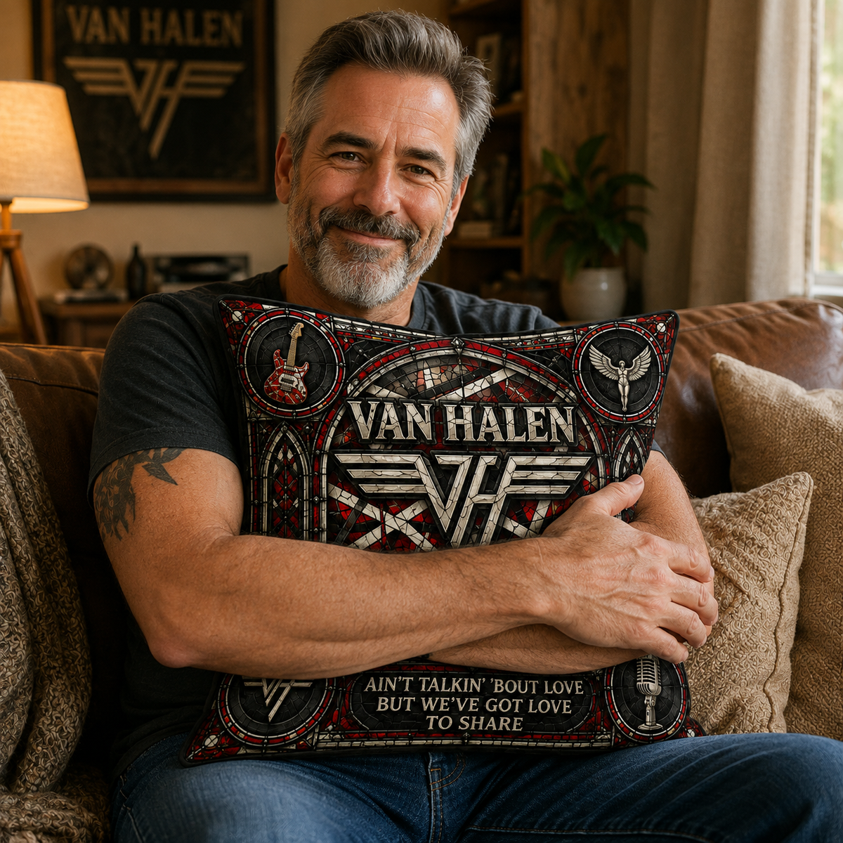 Van Halen Stained Glass Pillow, Classic Rock Band Throw Pillow, VH Logo Music Pillow, Rock Fan Gift