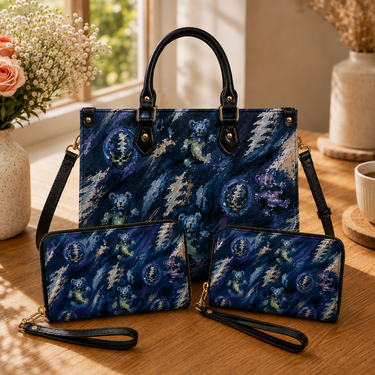 Grateful Dead Painterly Dancing Bears Handbag, Tote Bag and Wallet Set, Classic Rock Accessories, Music Lover Gift