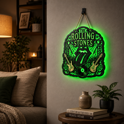 The Rolling Stones Luminous Wooden Sign – LED Wall & Door Decor for Music Lovers