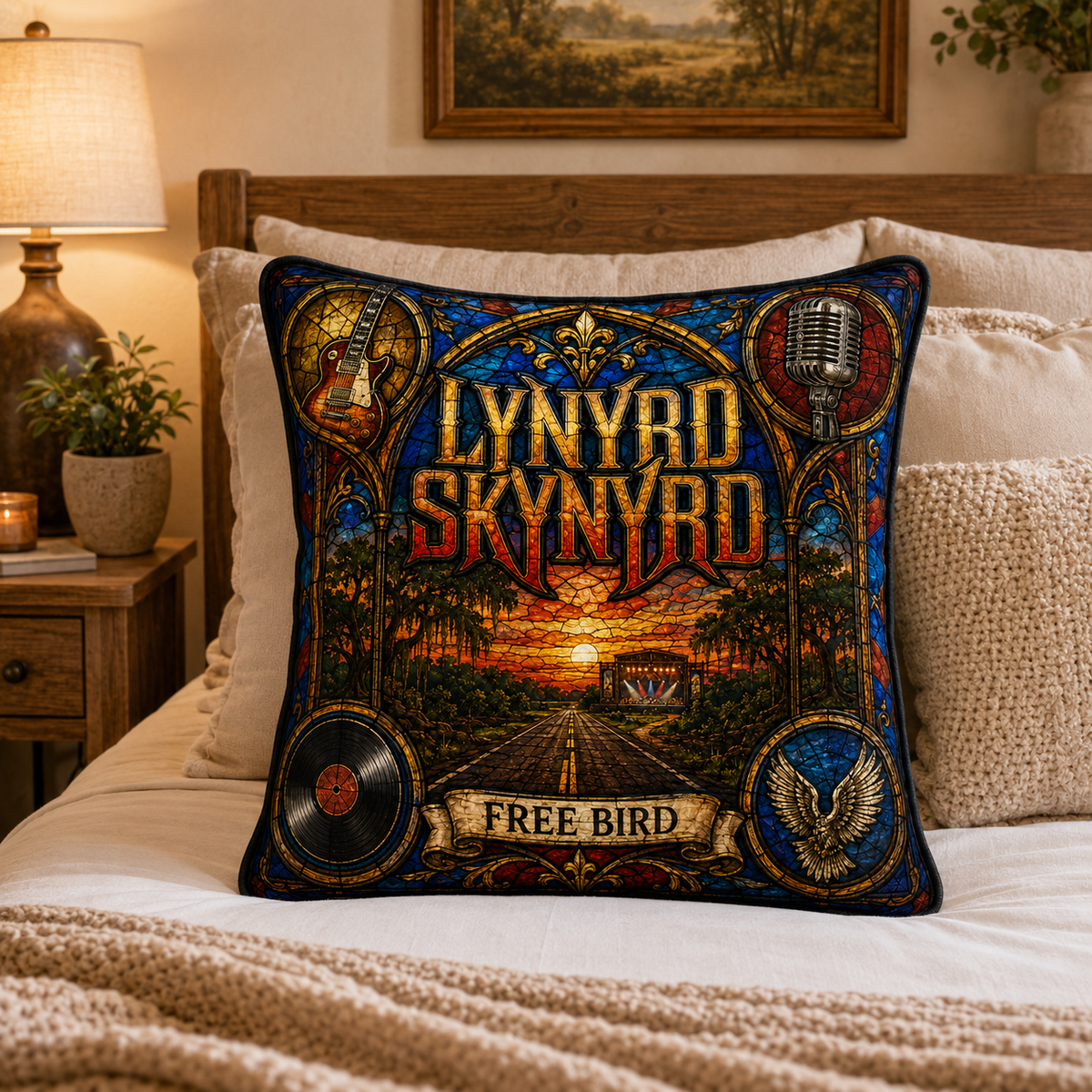 Lynyrd Skynyrd Free Bird Stained Glass Pillow, Southern Rock Throw Pillow, Classic Rock Music Decor, Rock Fan Gift