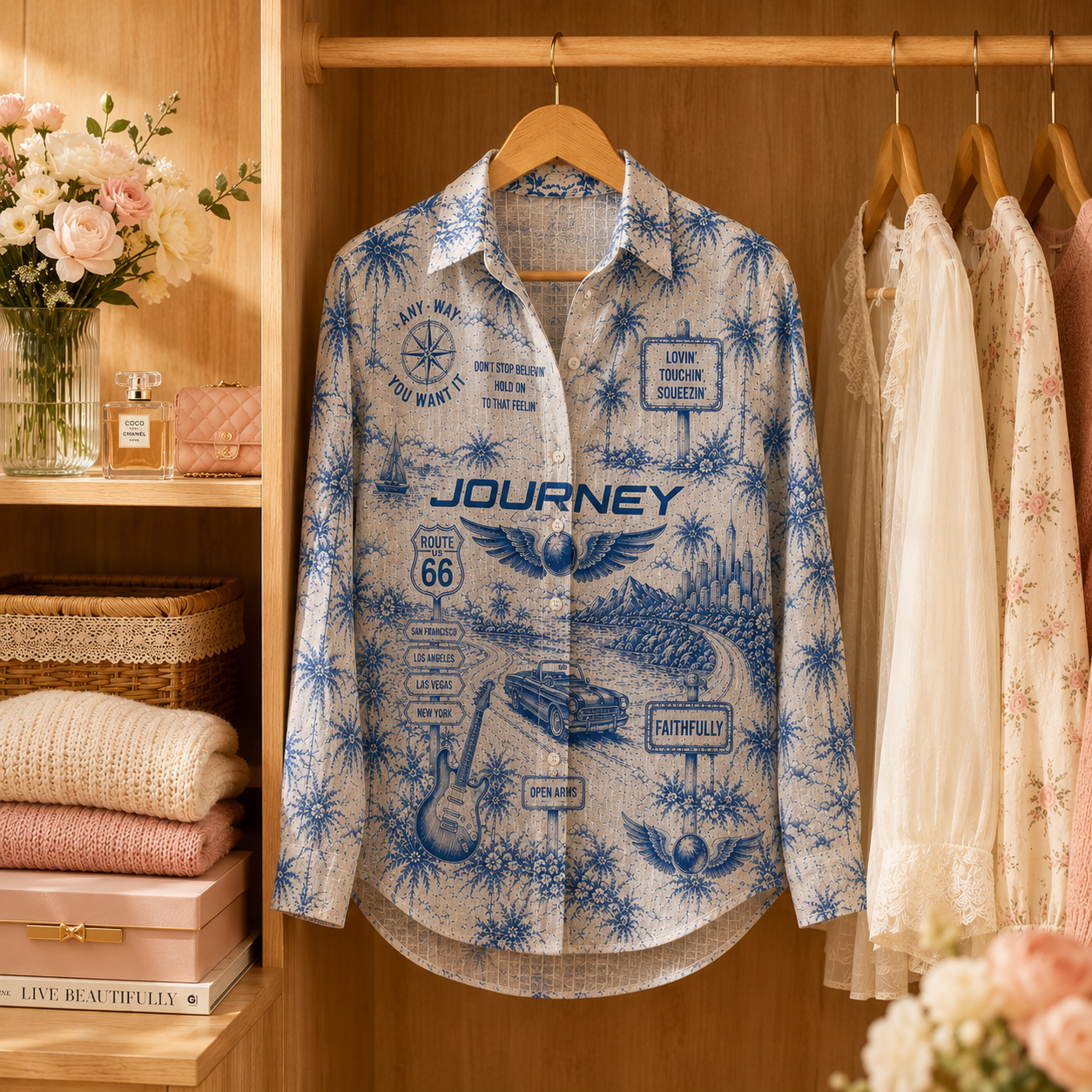 Journey Band Linen Shirt for Women - Vintage Graphic Button-Up Music Lover Casual Blouse