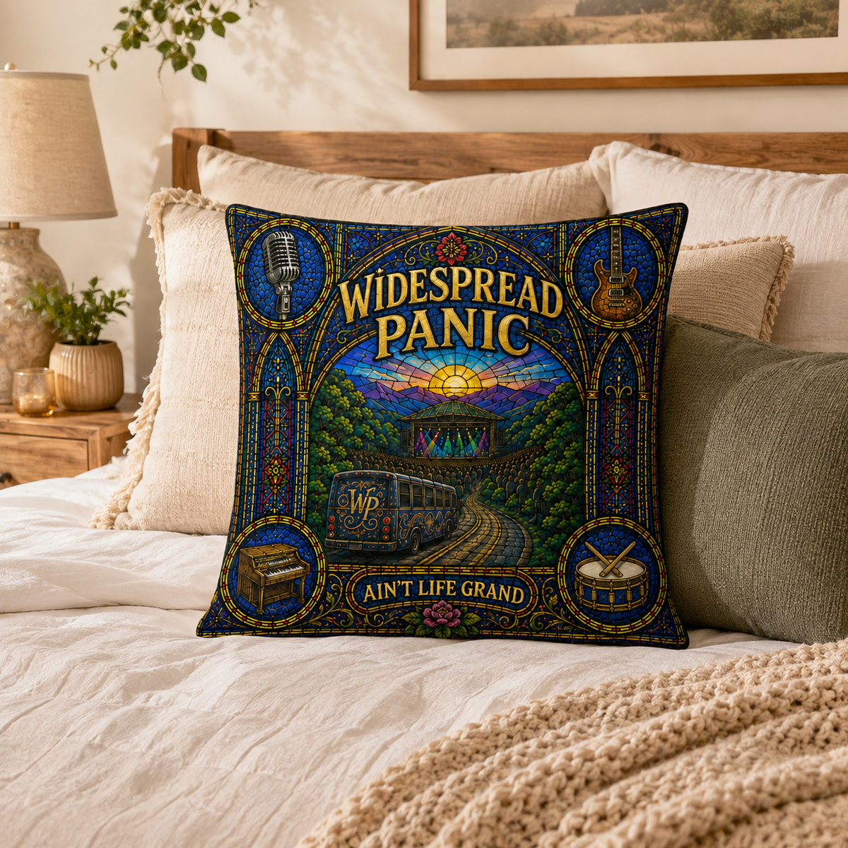 Widespread Panic Stained Glass Pillow, Ain’t Life Grand Throw Pillow, Jam Band Music Decor, WSP Fan Gift