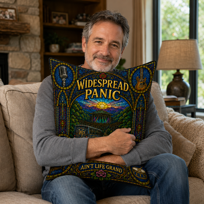 Widespread Panic Stained Glass Pillow, Ain’t Life Grand Throw Pillow, Jam Band Music Decor, WSP Fan Gift