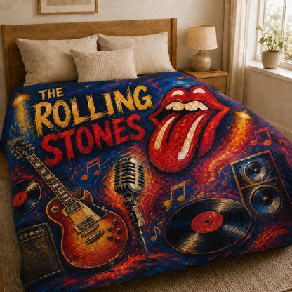 The Rolling Stones Painterly Sherpa Blanket, Rock Music Fleece Throw, Tongue Logo Guitar Blanket, Classic Rock Fan Gift