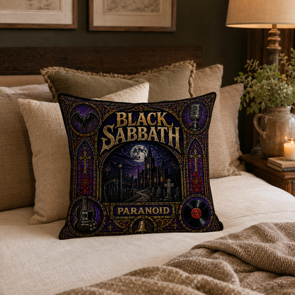 Black Sabbath Paranoid Stained Glass Pillow, Gothic Heavy Metal Throw Pillow, Classic Rock Music Decor, Metal Fan Gift