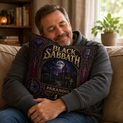 Black Sabbath Paranoid Stained Glass Pillow, Gothic Heavy Metal Throw Pillow, Classic Rock Music Decor, Metal Fan Gift