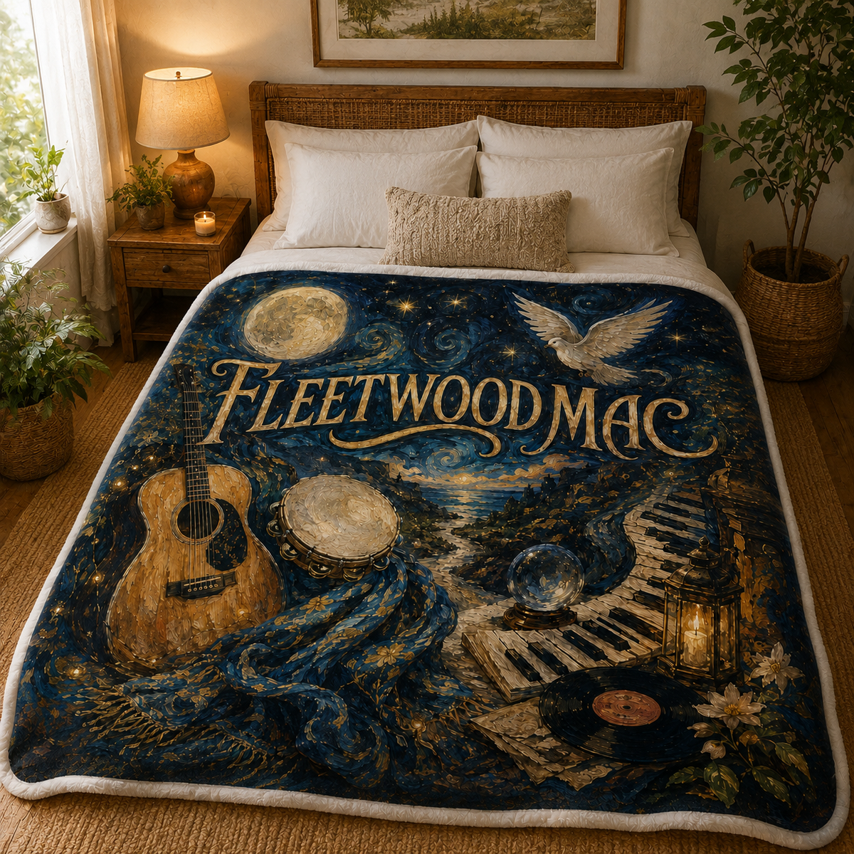 Fleetwood Mac Blanket, Vintage Rock Music Throw, Boho Celestial Guitar Piano Fleece Blanket, Fleetwood Mac Fan Gift