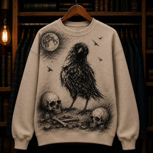 Gothic Raven Skull Sweatshirt, Dark Crow Moon Sweater, Edgar Allan Poe Inspired Gothic Horror Crewneck