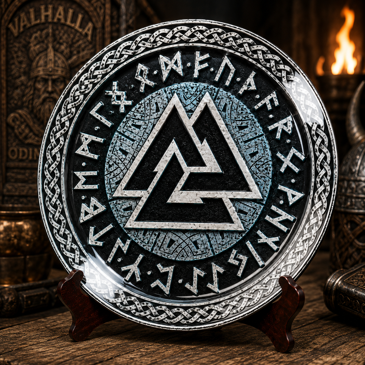 Valknut Viking Rune Ceramic Plate, Norse Mythology Odin Symbol Decorative Plate, Nordic Pagan Valhalla Home Decor