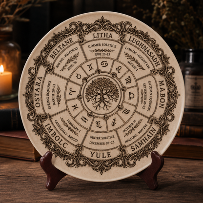 Wheel of the Year Ceramic Plate, Wiccan Sabbat Calendar Decorative Plate, Pagan Witch Tree of Life Home Decor