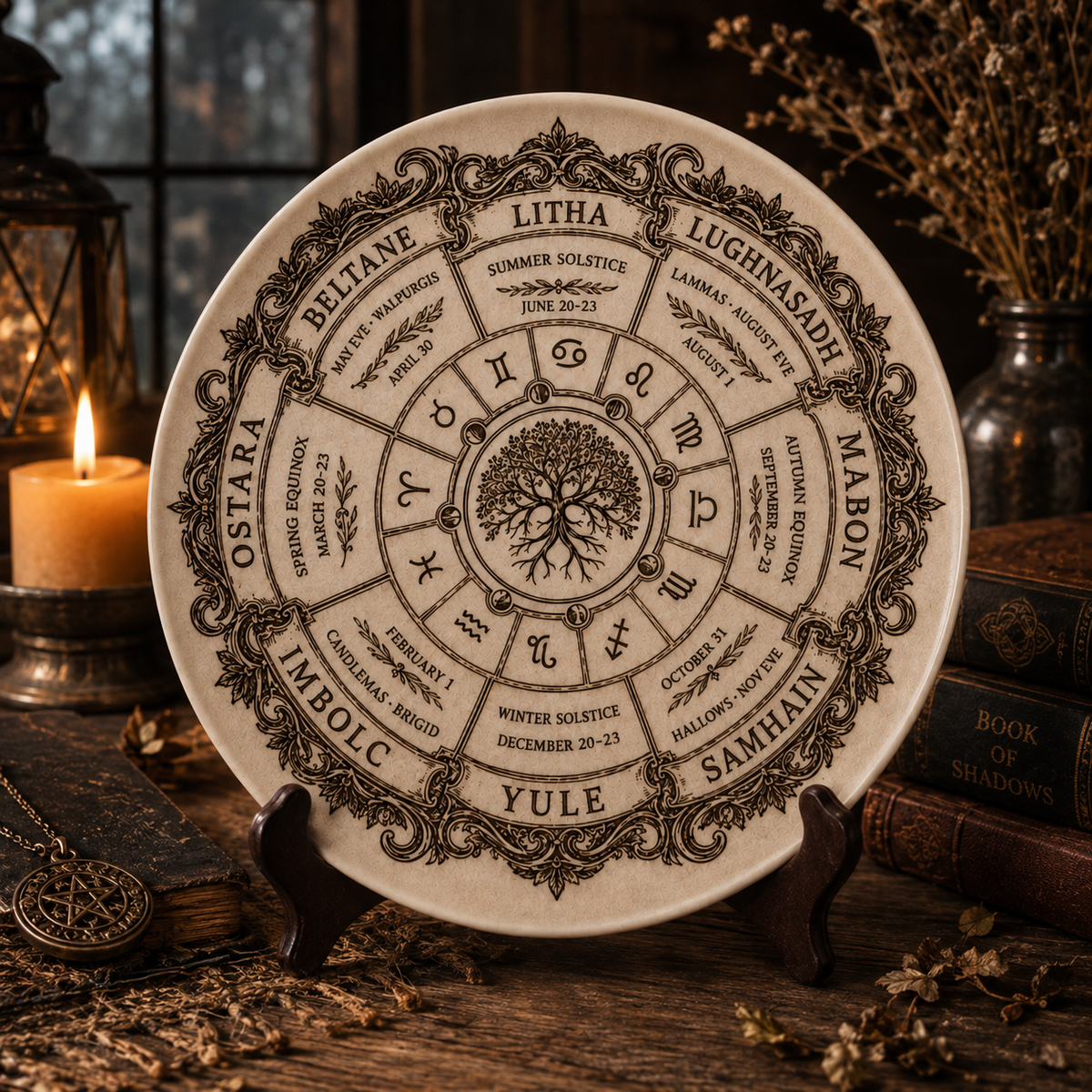 Wheel of the Year Ceramic Plate, Wiccan Sabbat Calendar Decorative Plate, Pagan Witch Tree of Life Home Decor