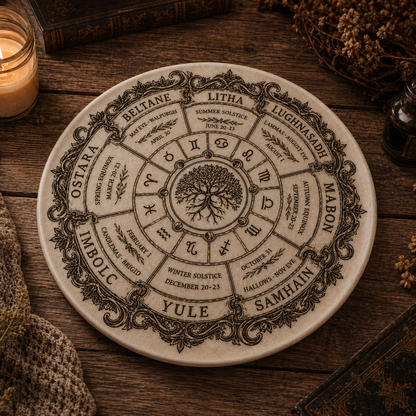 Wheel of the Year Ceramic Plate, Wiccan Sabbat Calendar Decorative Plate, Pagan Witch Tree of Life Home Decor