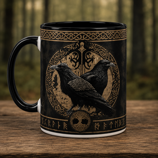 Odin’s Crows & Yggdrasil Viking Mug, Huginn Muninn Norse Mythology Coffee Mug, Celtic Rune Two Tone Mug