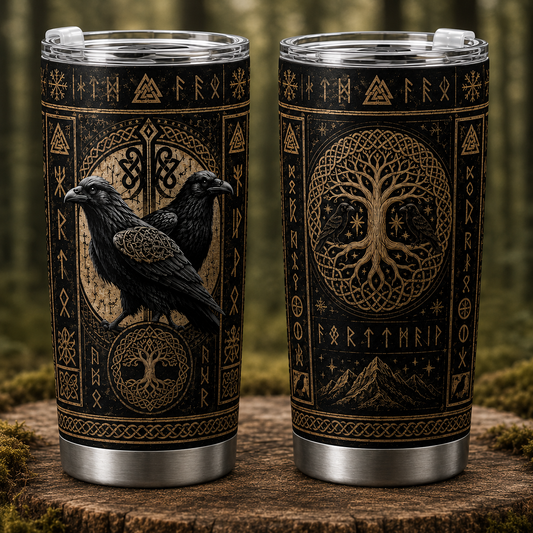 Odin Crows Viking Tumbler, Huginn Muninn Yggdrasil Travel Mug, Norse Mythology Rune Tumbler, Viking Gift