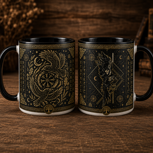 Odin Crows Viking Mug, Huginn Muninn Norse Mythology Coffee Mug, Vegvisir Raven Two Tone Mug, Viking Gift